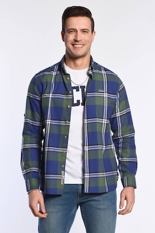 Ucla Lark Koyu Lacivert Nakışlı Ekoseli Standard Fit Erkek Gömlek Koyu Lacivert