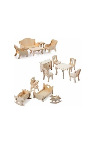 Büyük Boy Ahşap Maket Oyun Evi + 15 Parça Ahşap Mobilya