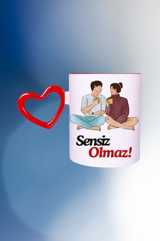 Sensiz Olmaz Baskılı Kalpli Kırmızı Kupa Bardak Çay Kahve Fincanı Beyaz