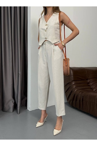 Arv Moda Yeni Sezon & New Season Summer Collection Keten Kumaş Gold Düğmeli Yelek /pantolon Takım Krem