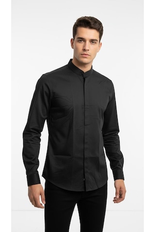 Plus Scorpion Erkek Hakim Yaka Slim Fit Gömlek Şık, Modern, Uzun Kollu, Düz Model Siyah