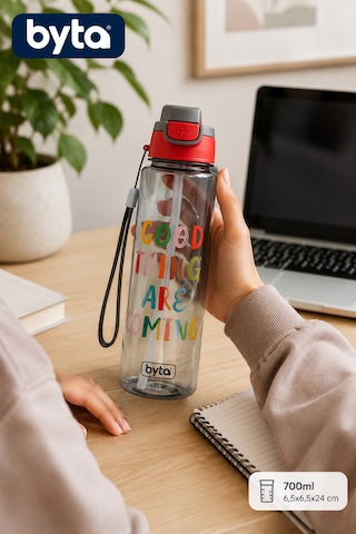 700 Ml Pipetli Su Matarası Kilitli Kapaklı Sızdırmaz Tritan Matara Taşıma Askılı Bpa Free Gri-kırmızı Siyah