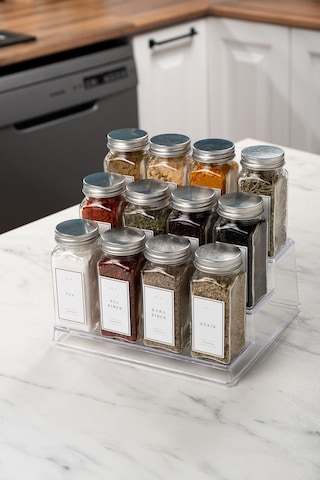 12'li Şeffaf Merdiven Standlı Cam Baharatlık Seti Kapaklı Beyaz Etiketli Baharatlık Takım Mh05slvr12 Beyaz - Şeffaf