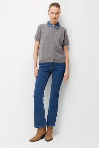 On Kadın Denim Detaylı Kısa Kollu Triko Hırka 10509 Gri