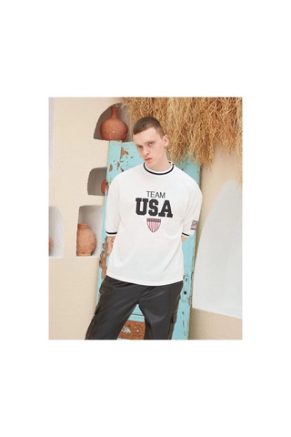 Erkek Bisiklet Yaka Tişört Nakış İşlemeli Kısa Kol Oversize T-shirt - Beyaz