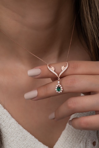 925 Ayar Gümüş Yeşil Damla Taşlı Tasarım Kolye Kadın Gümüş Kolye Rose Gold