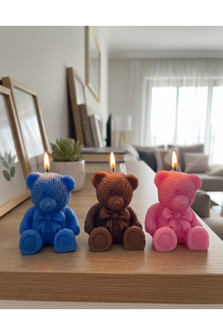 Artepieza Mini Üçlü Ayıcık Figürlü Doğal Soya Mum Seti-renkli Ayıcık Tasarımlı 3 Lü Soya Wax Mum Seti-dekoratif Hediyelik 5 3.5 Cm Kahverengi - Kırmızı