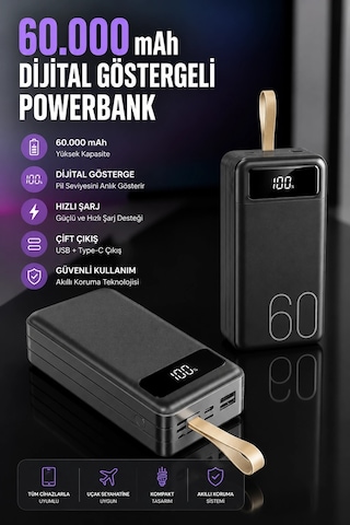 Powerbank 60.000 Mah Hızlı Şarj 4 Çıkışlı Uzun Şarj Süreli Dijital Göstergeli Çok Renkli