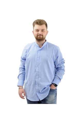 Mode Xl Büyük Beden Erkek Gömlek Uzun Kol Likralı Keten Gömlek U20385 Mavi Mavi
