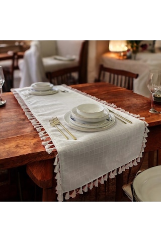 Natural, %100 Organik Pamuklu, Kenar Püsküllü, Naturel Keten Runn Diğer