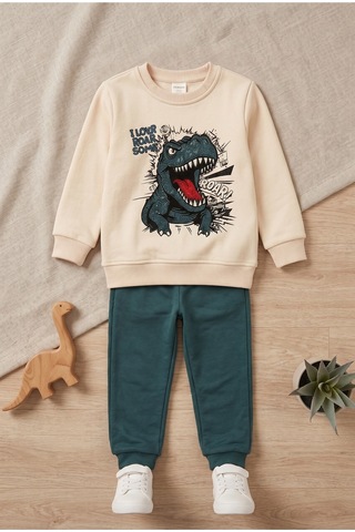 Deniva Kids Erkek Çocuk Bej/yeşil Dinozor Baskılı Pamuklu Alt Üst Eşofman Takımı