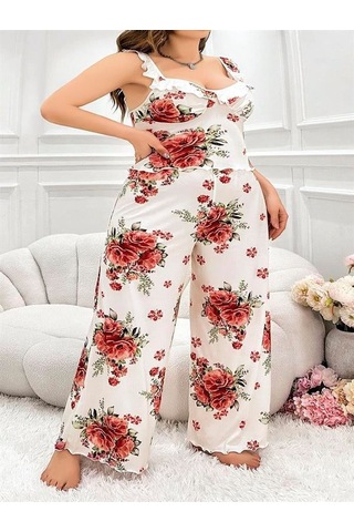 Majeur Closet Büyük Beden Gül Desenli İnce Askılı Beyaz Salaş 2'li Takım Görsel