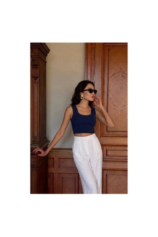 Onno Style Women Kolsuz Askılı Kare Yaka Kadın Triko Bluz Lacivert
