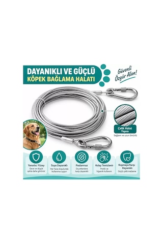 Sh Sunup Sn-38108 10 Metre Çelik Köpek Bağlama Halatı Kilitli Karabina Pvc Kaplamalı Najmaddin