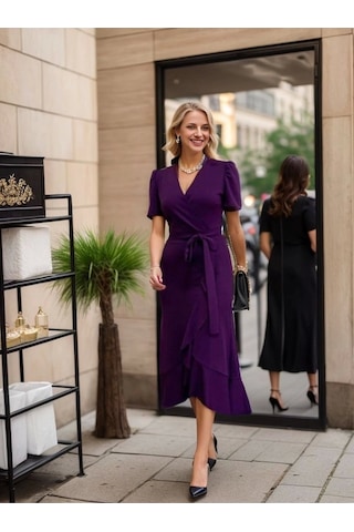 Defymoda Kadın Kruvaze Yaka Midi Boy Kuşaklı Krep Elbise 120 Cm Mürdüm