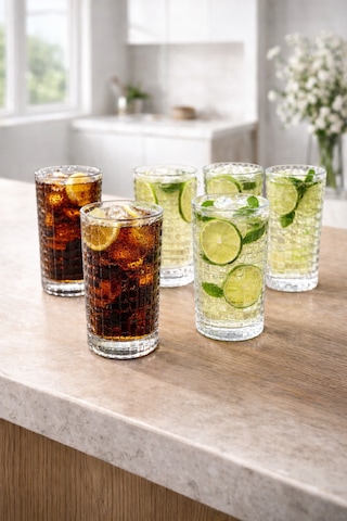 6 Lı Kristal Cam Meşrubat Kokteyl Bardağı Uzun Bardak 400ml Şeffaf