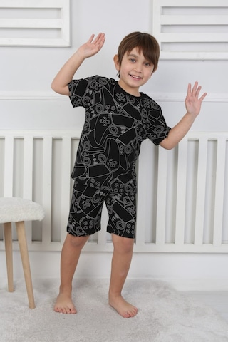 Bunny Hopp Şortlu Erkek Çocuk Pijama Takımı %100 Pamuk Desenli Yazlık 3-8 Yaş Siyah