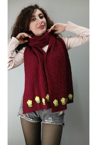 Gönülden Tasarım Bordo Örme Triko Çiçekli Kadın Şal Atkı Boyunluk 200x30 Cm Renkli