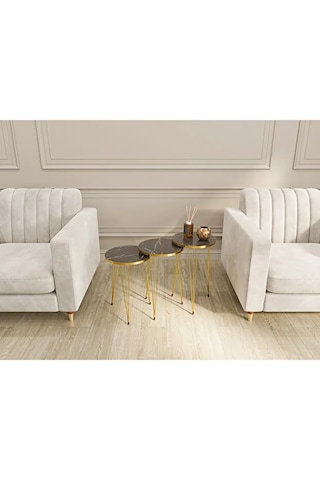 Zigon Sehpa 3'lü Yuvarlak Gold Tel Ayaklı Siyah Mermer