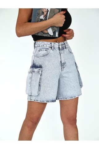 Kargo Cep ve Pens Detaylı Denim Şort Mavi+buz