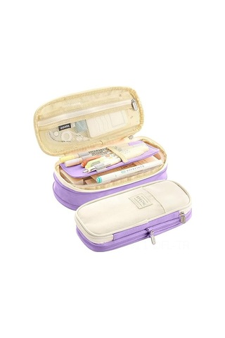 Dofolink Renkli Çanta: Geniş Kapasiteli 3 Bölmeli Gergin Askılıklı Kanvas Kalem Çantası, 50-60 Kalem Saklar, Seyahat/makeup/teknik Çantası Olarak Kullanılabilir - Mor/krem Çok Renkli