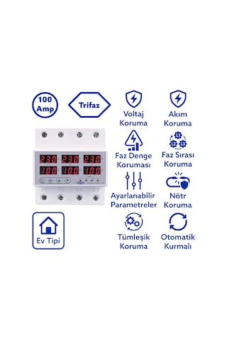 Tomzn Trifaz Gerilim ve Akım Koruma Rölesi Yüksek Alçak Voltaj Koruyucu Röle 220V 100A 3Faz