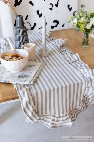 Gri Çizgili 40x125 Cm Vintage Fırfırlı %100 Keten Pamuklu Amerikan Runner Bej