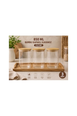 3lü Set Bambu Kapaklı Cam Saklama Kavanozu Hava Geçirmez Çok Amaçlı Mutfak Saklama Kabı 850ml Şeffaff