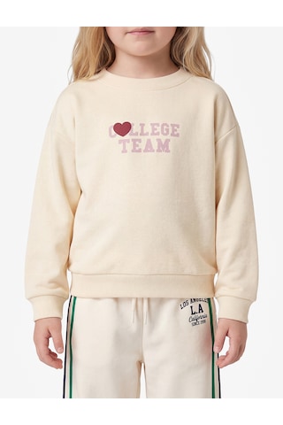 Koton Viskon Karışımlı Bisiklet Yaka Uzun Kollu Baskılı Sweatshirt Bej 7wmg10105ak Ekru