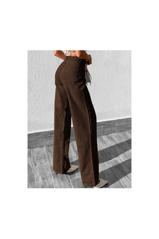 Kene Jeans Yüksek Bel Kahverengi Keten Bol Paça Tam Kalıp Pantolon Kahverengi