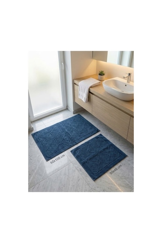 2'li Banyo Paspas Takımı %65 Pamuk Yüksek Emici Pamuklu Banyo Paspası 60x100 Cm + 50x60 Cm Lacivert