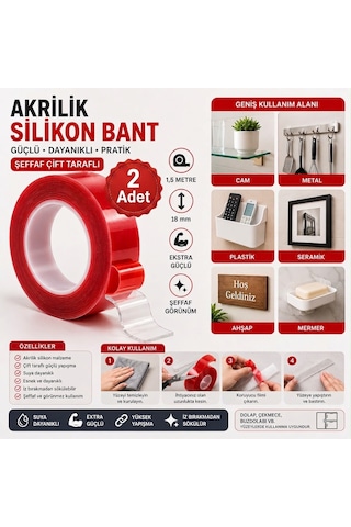Şeffaf Çift Taraflı Akrilik Silikon Bant 1,5 Metre 18 Mm Ekstra Güçlü 2 Adet