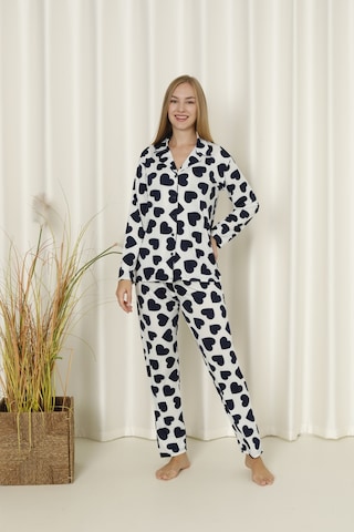 Wordex Mirano 9508 Kalpli Milan Yumuşak Kumaş Boydan Düğmeli Kadın Pijama Takımı Beyaz-lacivert