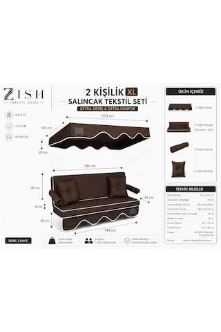 Altaleno 2 Kişilik 140 45 Cm Süngerli Bahçe Balkon Salıncak Minderi Yıkanabilir Kılıflı, Tenteli Keten Kumaş Tekstil Seti 24 Dns 8 Cm Orta Sert Sünger Kahverengi