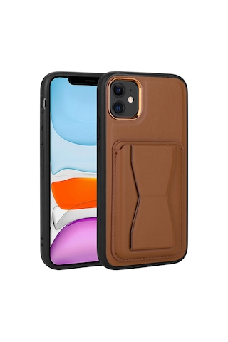 Zore Apple iPhone 12 Uyumlu Kartlıklı Standlı Pu Deri Omsy Memo Kılıf-kahverengi