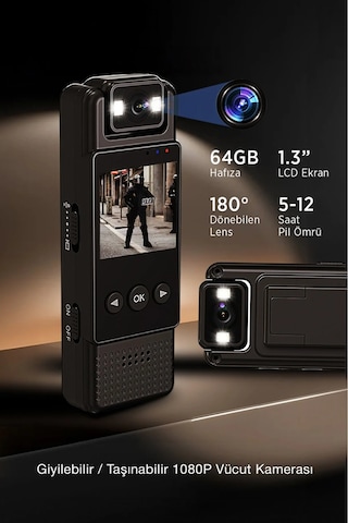 Mini Vücut Kamerası 1080p Hd Video, Fotoğraf, Ses Kaydı, Hareket Sensörü Ve 180 Döner Lens - Wıfı 1