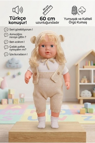 Konuşan Bebeğim 60 Cm Türkçe Konuşan Örgü Tulum Ve Şapkalı Kafası Bacakları Kolları Et Oyuncak Bebek 02082037