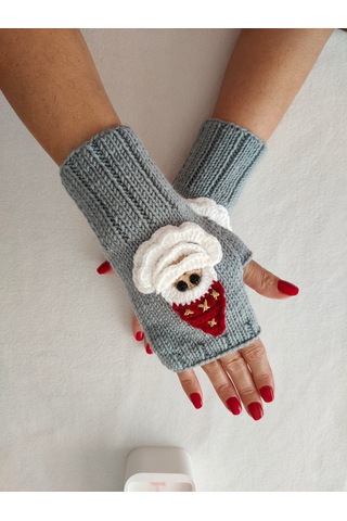 Newdaycraft El Örgüsü Motifli Parmaksız Eldiven / Bileklik - Gri Noel
