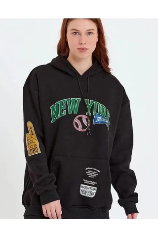 Valensdesign Baskılı Kapüşonlu Sweatshirt - Siyah