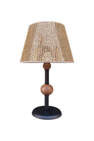 Çift Ahşaplı Abajur Siyah Rattan Kahve Rengi Şapkalı Siyah