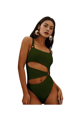 Kadın Monokini Dolgulu Balenli Düz Renk Kare Yaka Tek Parça Bikini İçi Boş Tasarımlı Plaj Tatil Mayosu Ordu Yeşili