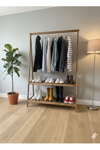 Konfeksiyon Elbise Askılık İki Raflı 148 105 Cm Kahverengi