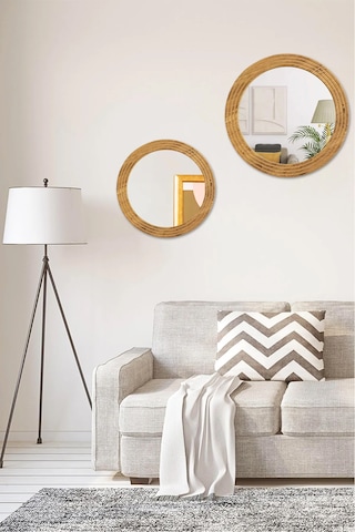 Antik 2 Li Dekoratif Ayna Seti Yuvarlak Banyo Duvar Aynası 69 -56 Açık Kahverengi