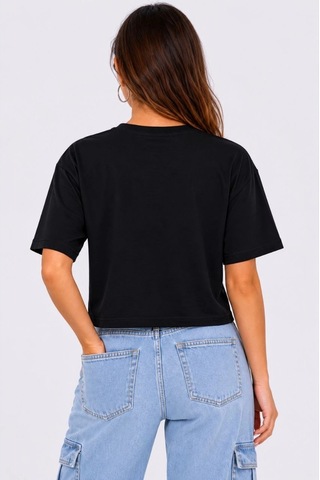 Wear Vexel Kadın Kedi Baskılı Oversize Crop Tişört Salaş Basic Yarım Kol T-shirt - Siyah Mavi