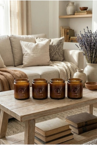 4 Lü Amber Cam Kavanoz Aromaterapi Mum Seti Yasemin Kokulu %100 Doğal Soya Wax Kapaklı 100 Cc Amber