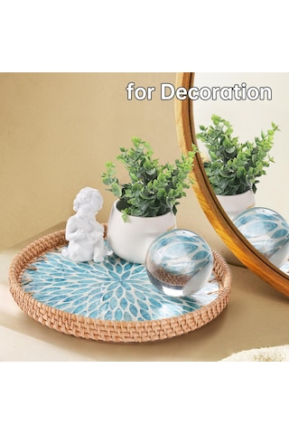 Qerhome 2'li El Yapımı Doğal Rattan Tepsi Sedef Desenli Yuvarlak Sunum Tepsisi Şık Servis Tepsisi 30-33 Cm Mavi Kahverengi