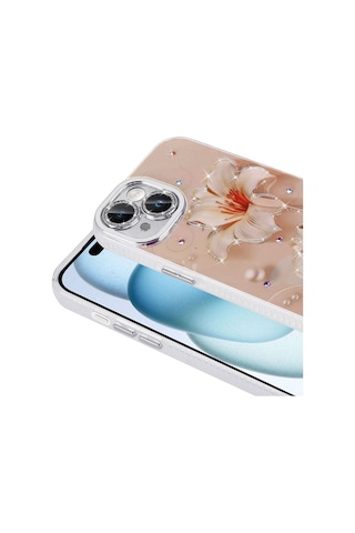 Apple Uyumlu  iPhone 15 İle Çiçek Desenli Parlak Taşlı Sert Silikon Kapak