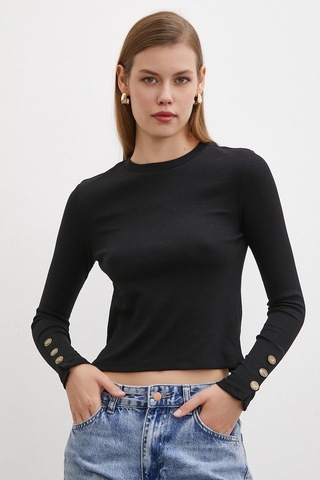 Kolu Düğmeli Bluz Siyah Siyah