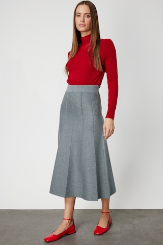 On Kadın Pileli Midi Triko Etek 65210 Gri Gri