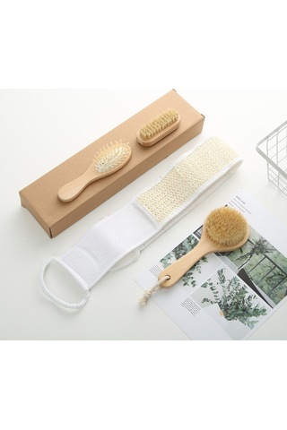 Vkemall Banyo Fırçalama Seti 4 Parça - Saksafras Göğüs Fırçası + Tarak + 2 Adet Temizleme Fırçası